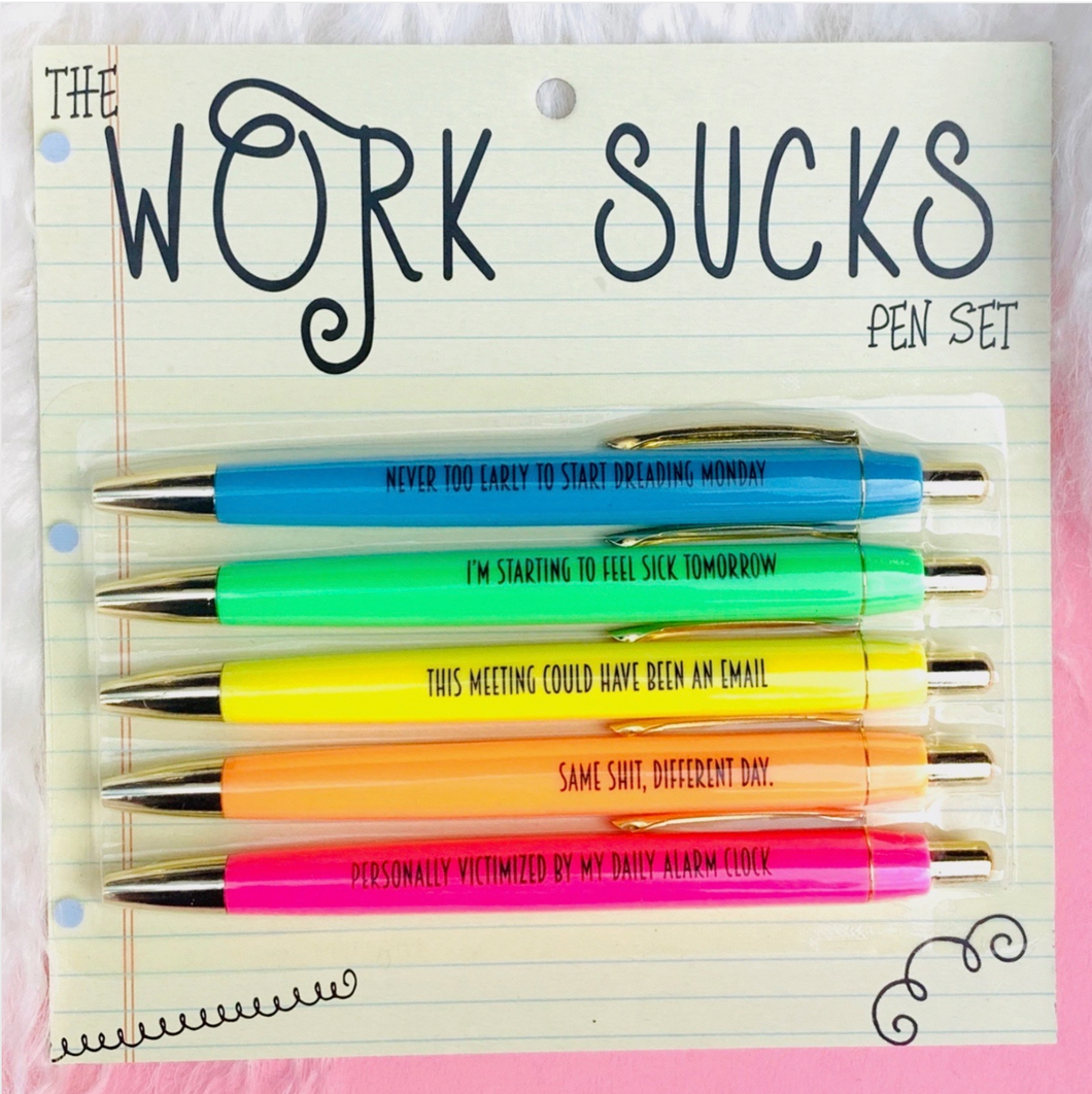 Work Sucks Ball Point Ink Pen Set. Funny Gifts. Office Stationery.